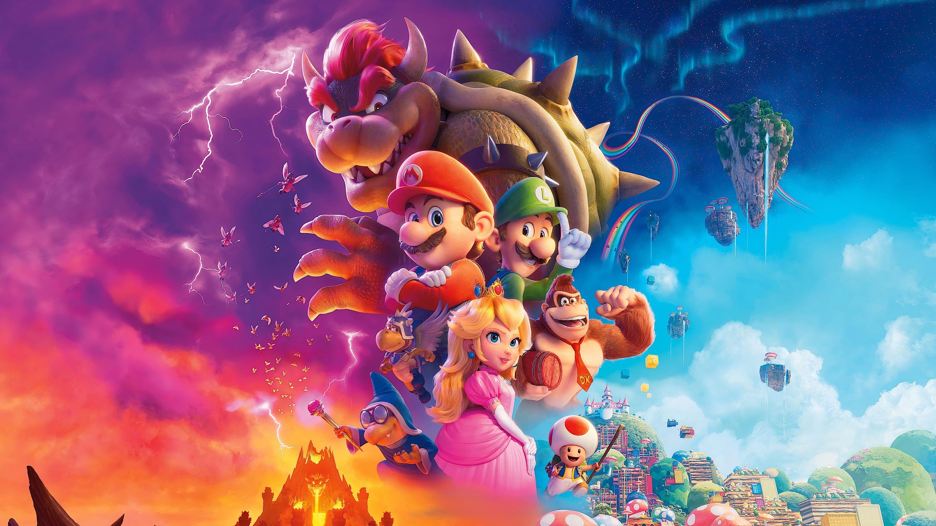 Promotional image for 'The Super Mario Bros. Movie' featuring characters such as Mario, Princess Peach, Donkey Kong, and more.