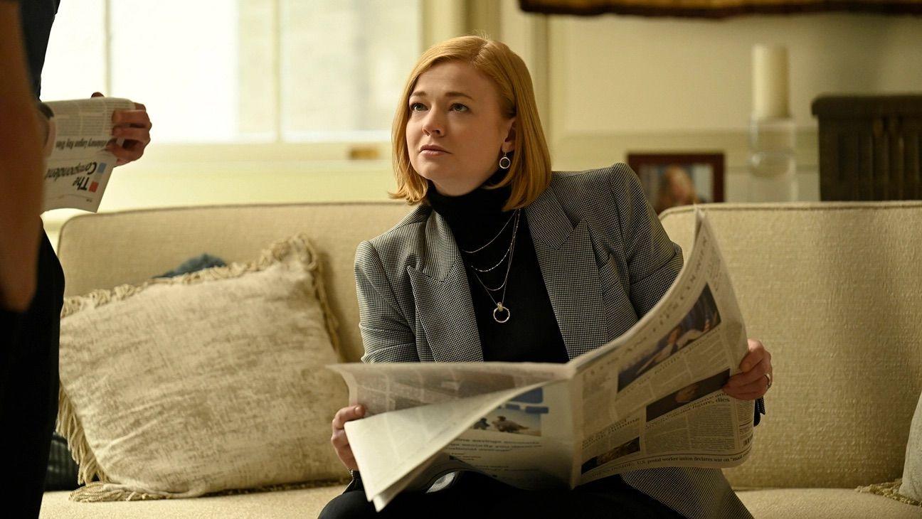 Sarah Snook as Shiv Roy reading a newspaper in season 4, episode 4 of 'Succession.'